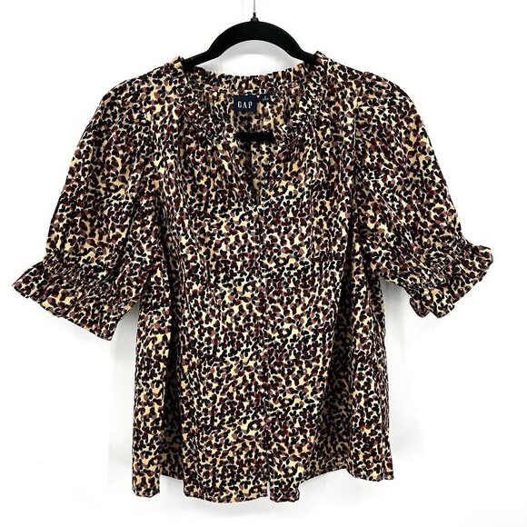 GAP Womens Brown Black Boxy Lightweight Crepe Puff Sleeve Button Up Blouse Small - Picture 1 of 5